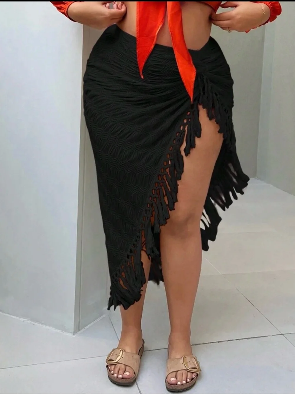 SHEIN Black Fringe Asymmetric Swim Sarong Cover-Up